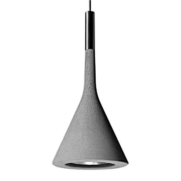 Close-up of grey cement cone pendant showing cement texture, socket, and underside opening