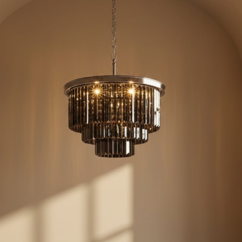 Dark crystal chandelier in a warm wall-lit room