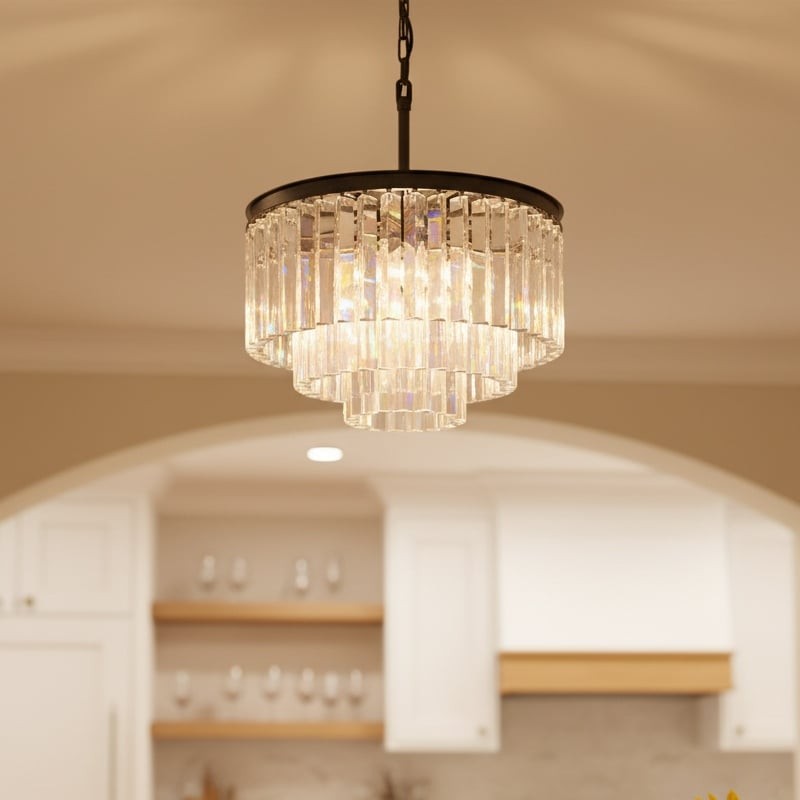 Lit Aurevon chandelier in a warm interior