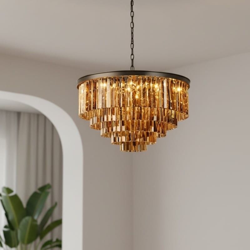 Amber chandelier in a modern room with plant styling