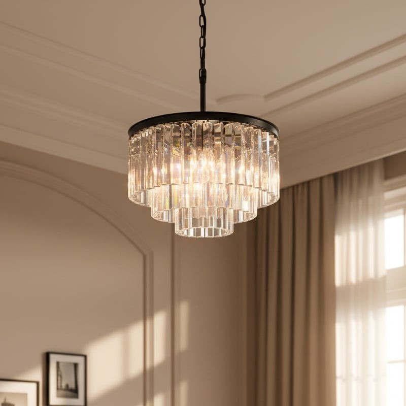 Clear crystal Aurevon chandelier in a bright interior setting