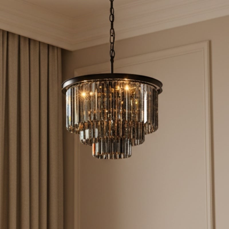 Smoke grey crystal chandelier in a paneled room setting