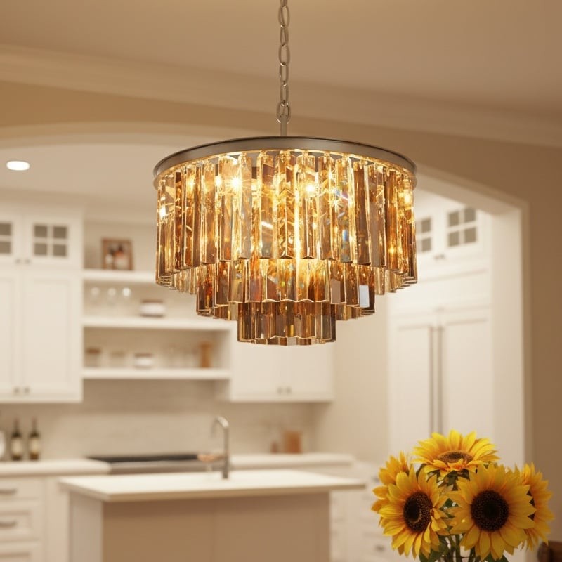 Aurevon crystal prism chandelier lit in a warm modern interior