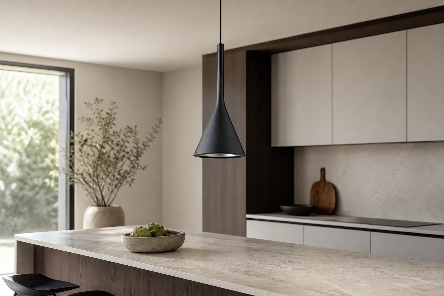 Cement cone pendant light in a modern lifestyle scene