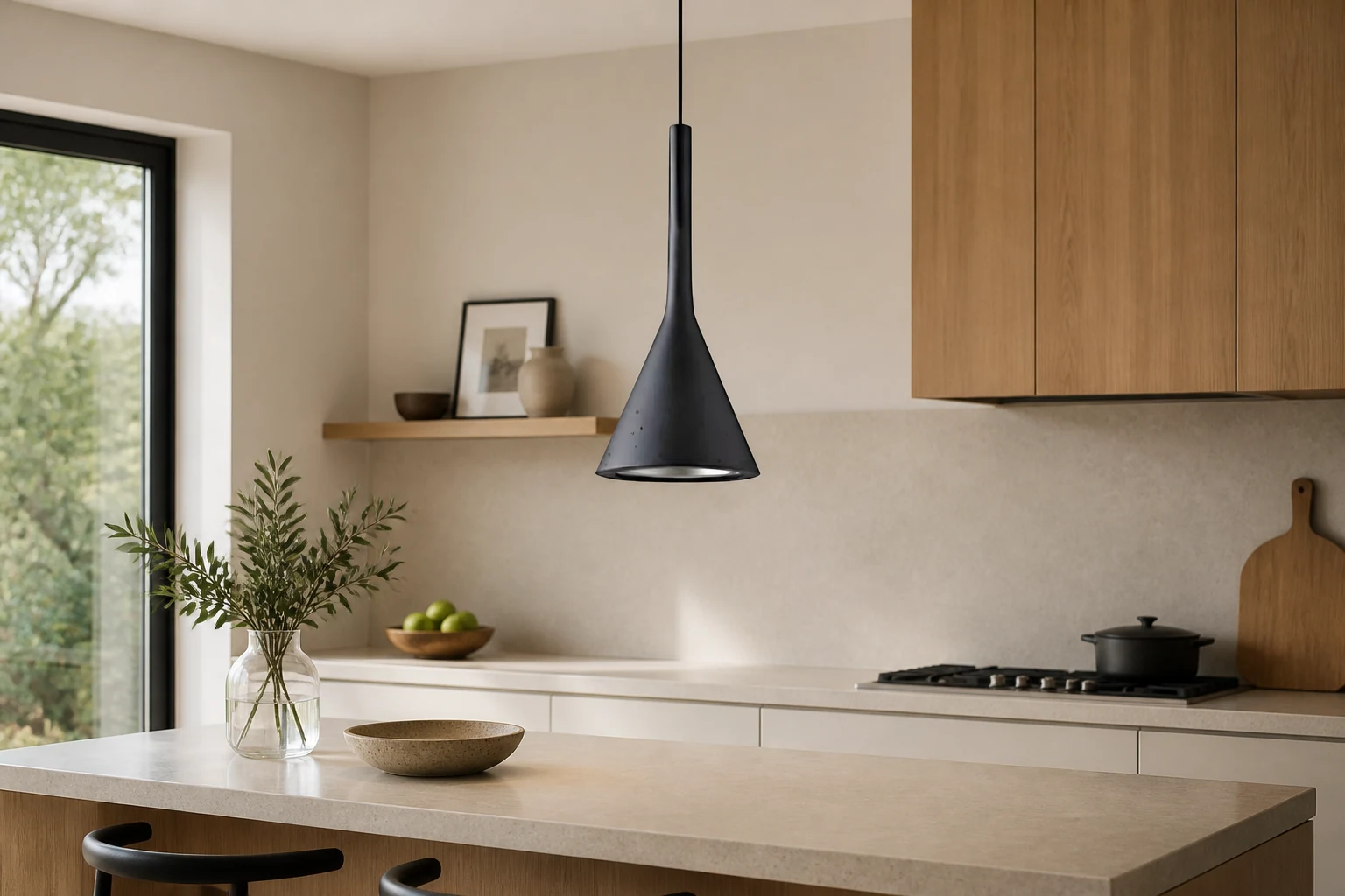 Minimal cement cone pendant styled in a clean interior