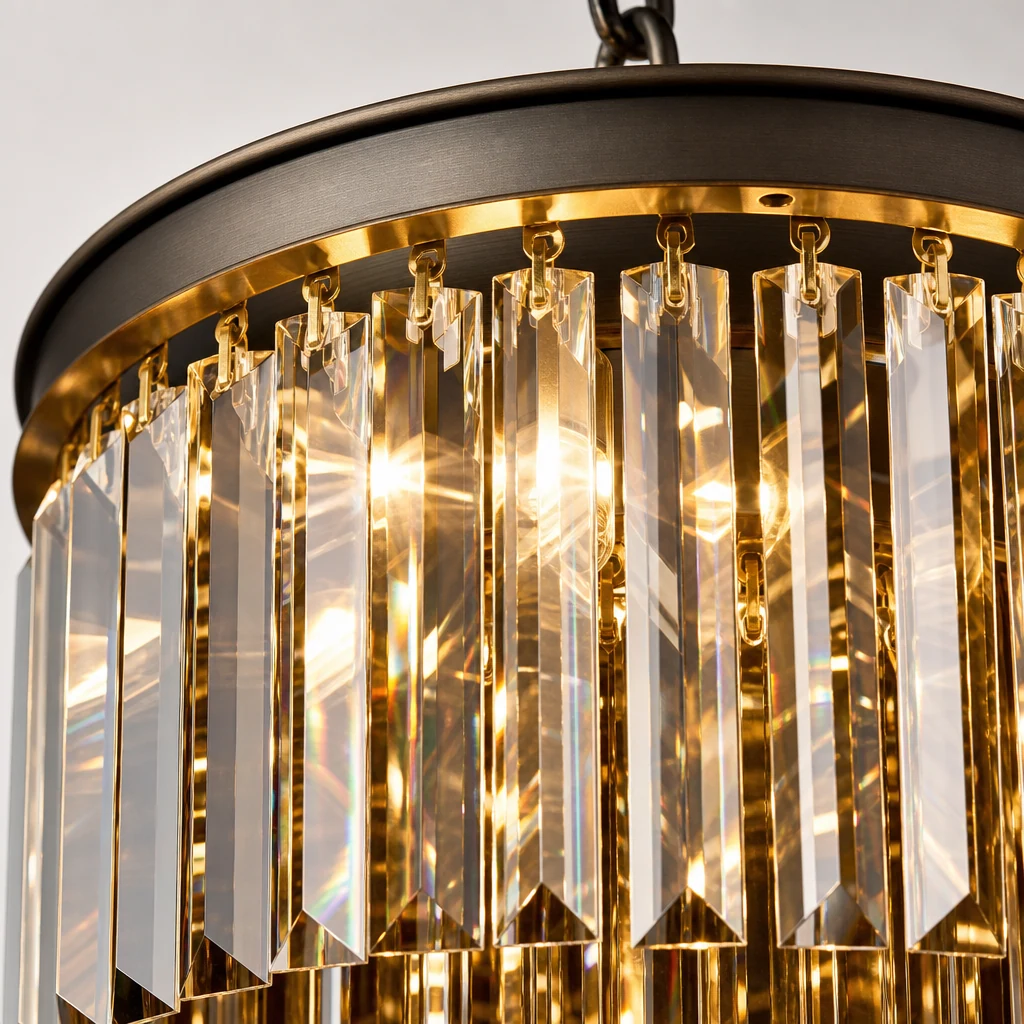 Close-up detail of Aurevon crystal prism chandelier craftsmanship