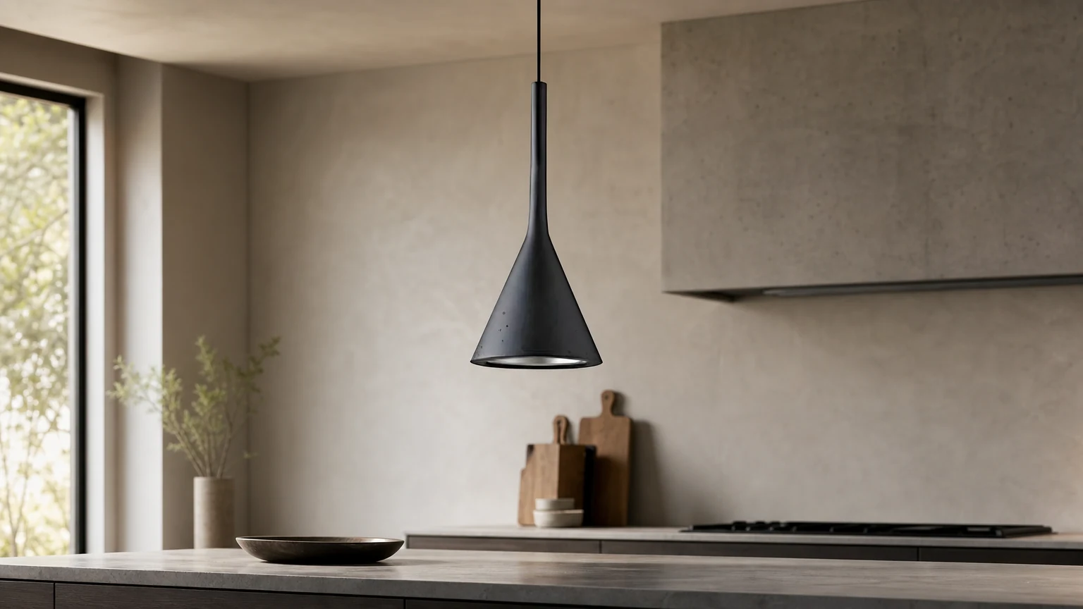 Minimalist cement cone pendant light shown in a modern interior
