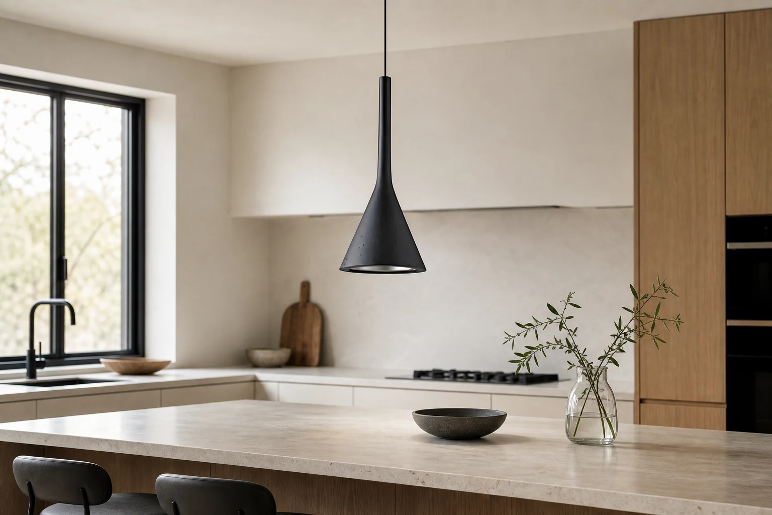 Modern geometric pendant light used in a lifestyle room scene
