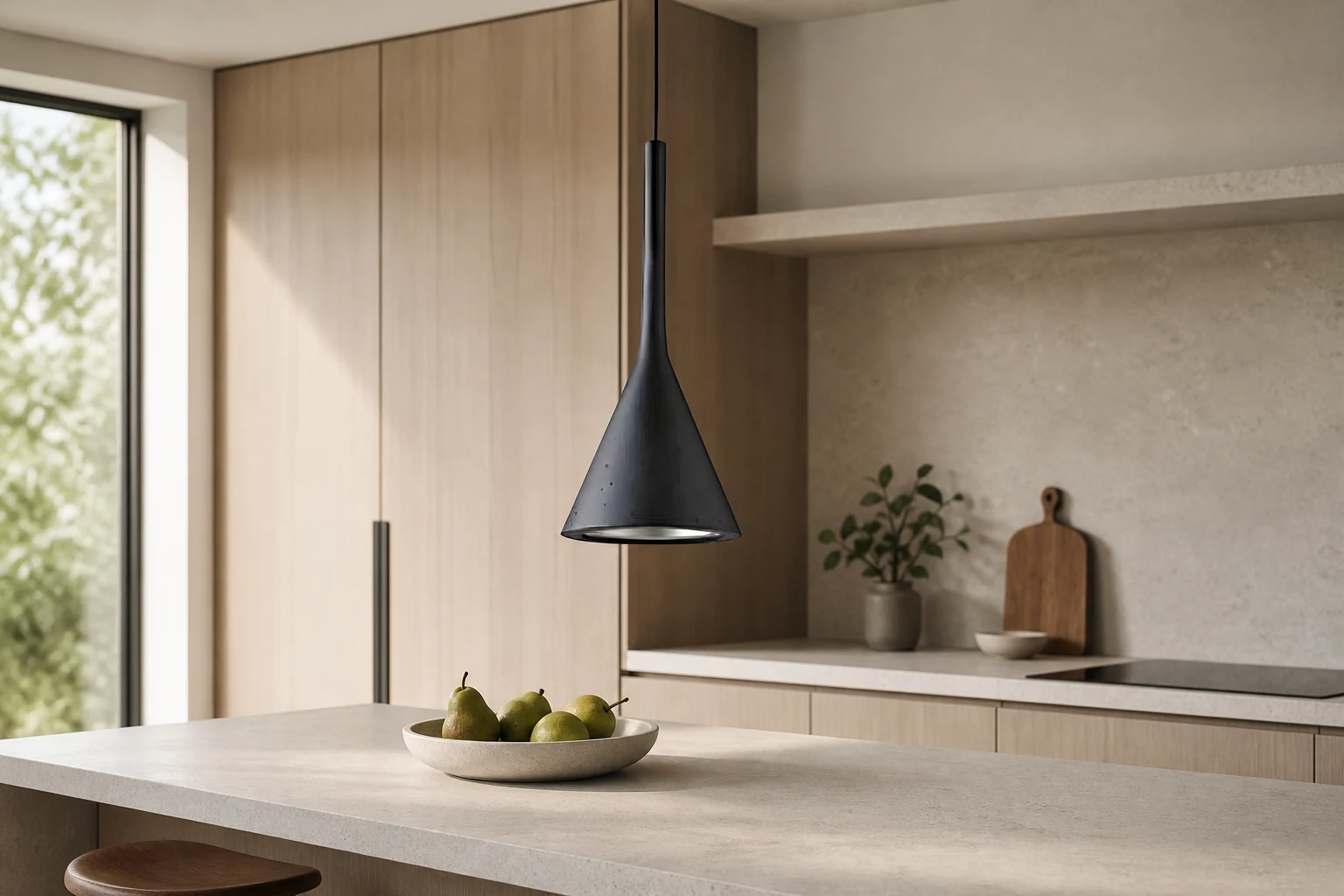 Cement cone pendant light over a contemporary room setting