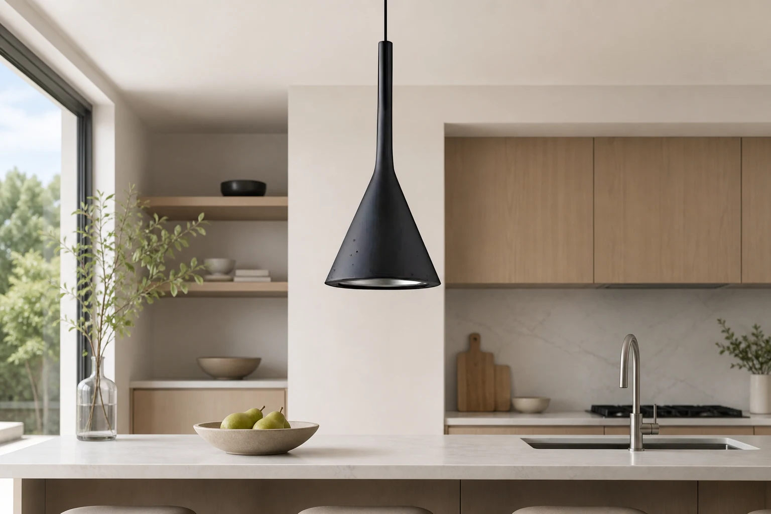 Cement cone pendant light adding focused illumination to a modern space